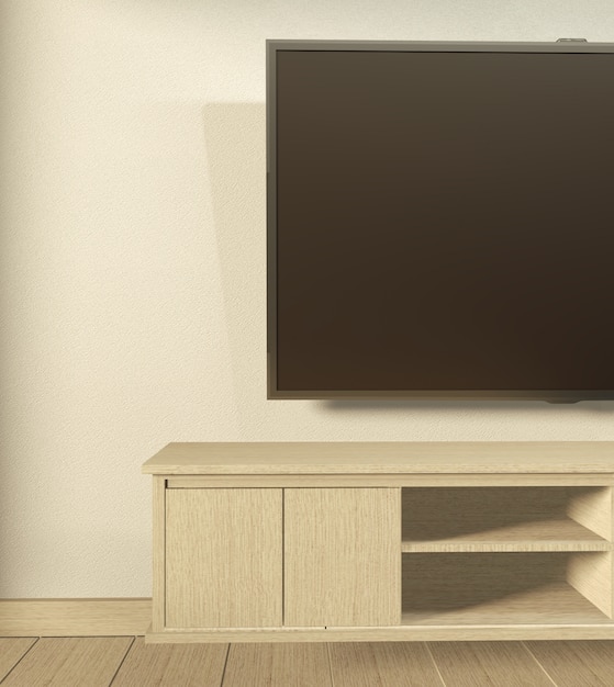 Mobile TV nella moderna stanza vuota giapponese - stile zen, design minimale. Rendering 3D