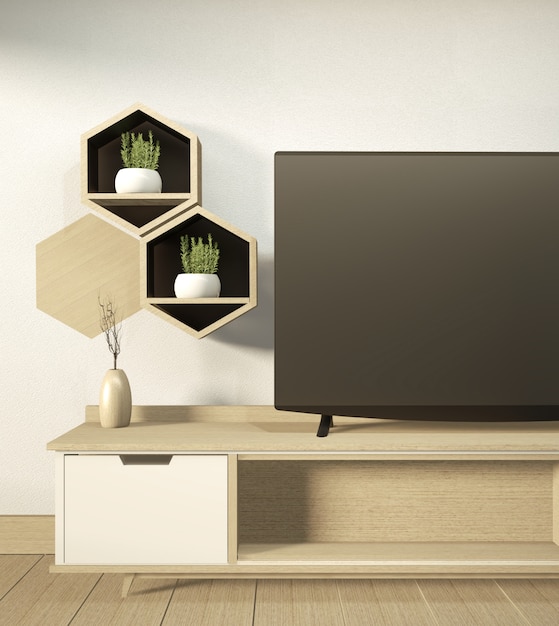 Mobile TV nella moderna stanza vuota giapponese - stile zen, design minimale. Rendering 3D