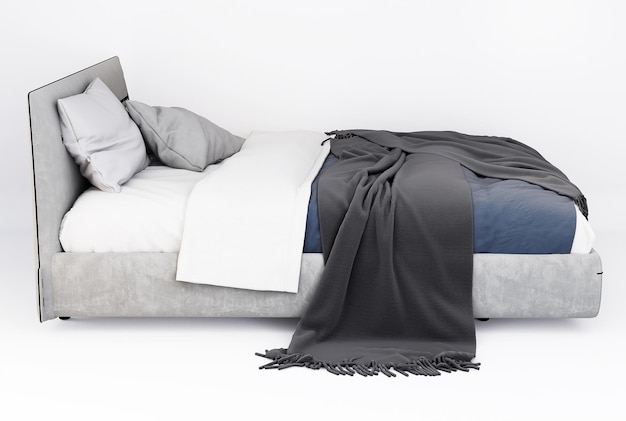 Mobili 3d moderno letto matrimoniale grigio isolato su uno sfondo bianco con tracciato di ritaglio Decorazione Design per camera da letto