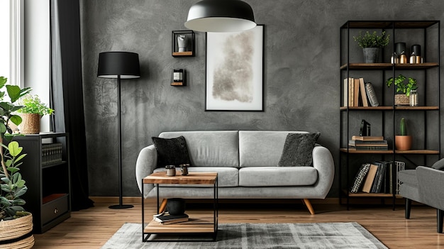 Mobili confortevoli in grigio con scaffalature in legno lampada nera in salotto luminoso Generative Ai
