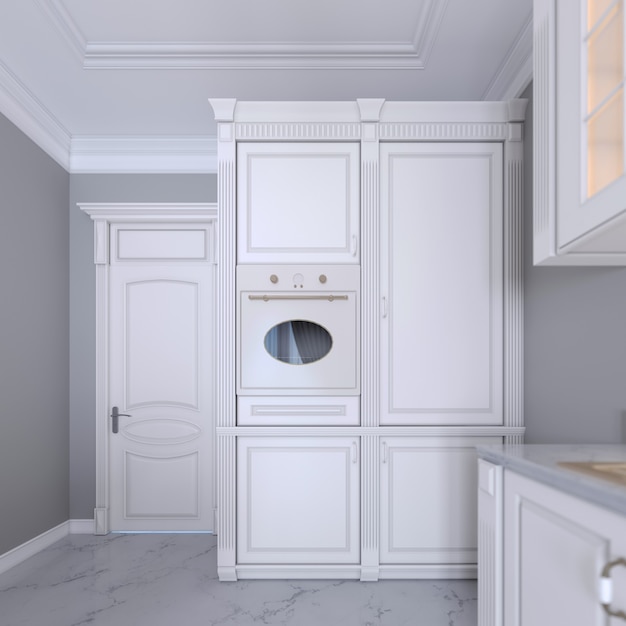 Mobili da cucina bianchi con elettrodomestici da cucina incorporati, stile classico. rendering 3D.