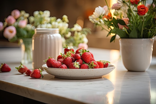 Mobili da cucina vintage beige con ripiano in marmo pulito e vuoto con molti fiori e ciotola