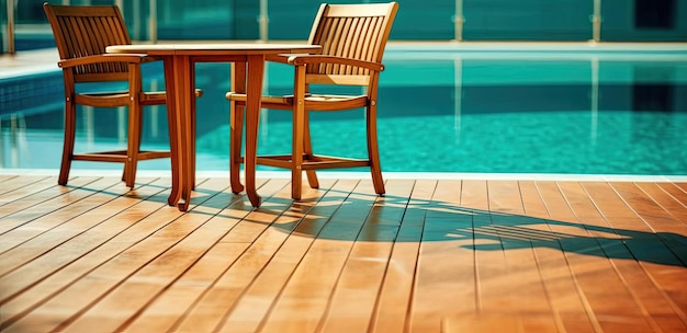 mobili da esterno in legno e sfondo piscina