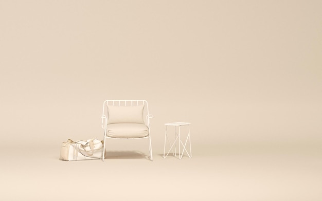 Mobili da esterno minimalisti con sedia e ombrellone in rendering 3d di colore beige pastello e bianco