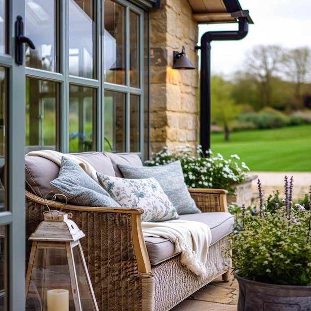 Mobili da giardino per cottage e casa di campagna arredamento per patio e terrazza salotto da giardino in stile country generativo ai