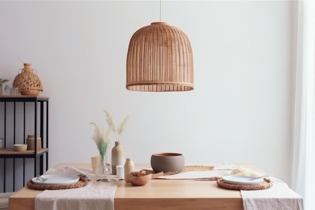 Mobili da pranzo in rattan cucina stanza arredamento in stile beige lampada da tavolo Generative AI