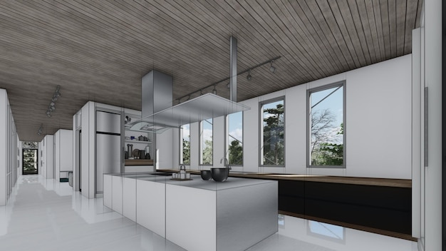 Mobili di lusso utensili cucina schizzo interni casa moderna design idea concetto 3d illustrazione