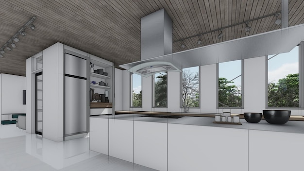 Mobili di lusso utensili cucina schizzo interni casa moderna design idea concetto 3d illustrazione