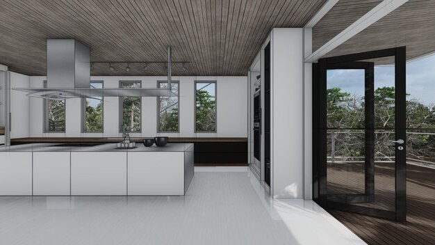 Mobili di lusso utensili cucina schizzo interni casa moderna design idea concetto 3d illustrazione