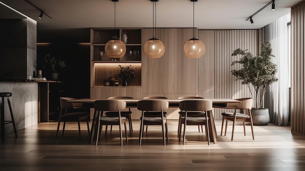 Mobili minimalisti e illuminazione d'accento in una sala da pranzo moderna Generata dall'intelligenza artificiale
