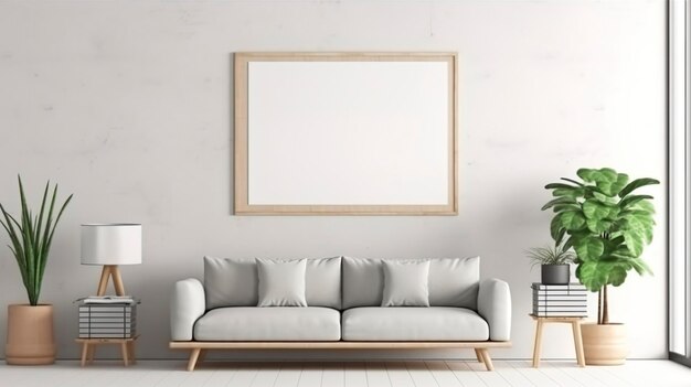 Mobili moderni e accoglienti per la decorazione e il mock-up del soggiorno e cornice in tela vuota sullo sfondo bianco della struttura della parete Rendering 3D AI generativo