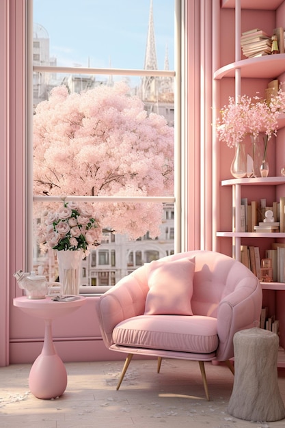 mobili rosa per la casa con fiori rosa nello stile di paesaggi urbani romantici sognanti