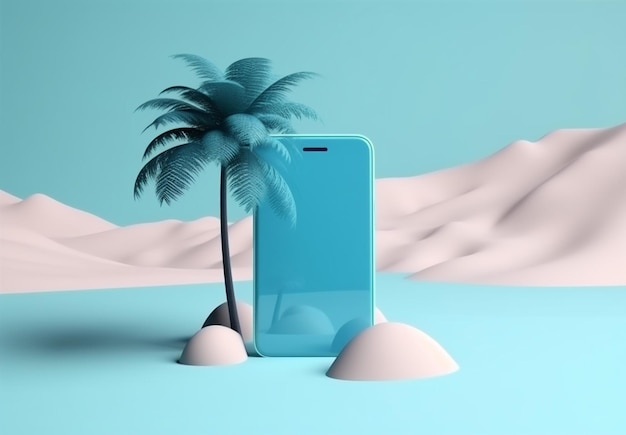 Mock cyber mare sabbia palma concetto telefono creativo estate vacanza IA generativa
