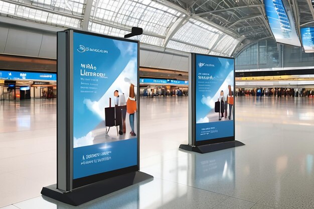 Mock up Banner Media Indoor Aeroporto Signage informazioni con persone che camminano Europa viaggi