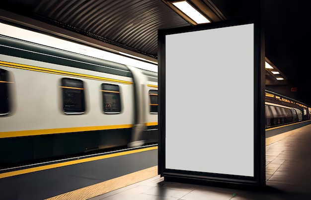 Mock up Board Banner Poster nella stazione della metropolitana Sfocatura Treno sfondo in movimento Generativo ai