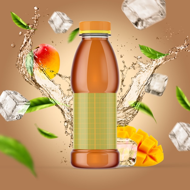 Mock-up colorato di bottiglie su frutta semplice e spruzzi di ghiaccio sullo sfondo. Bottiglia di plastica per succhi di frutta o tè freddo con mango e menta