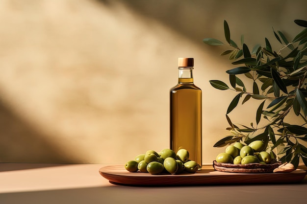 Mock up con olive verdi grasse e una bottiglia di olio d'oliva di qualità