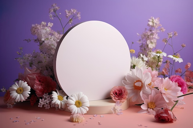Mock up con tavola rotonda e fiori su uno sfondo viola per eventi speciali per le donne
