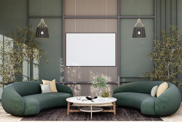 Mock up cornice poster in interni moderni camere completamente arredate soggiorno sfondo
