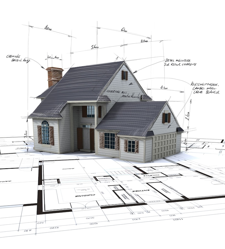 Foto mock-up della casa sopra i progetti con note a penna e correzioni