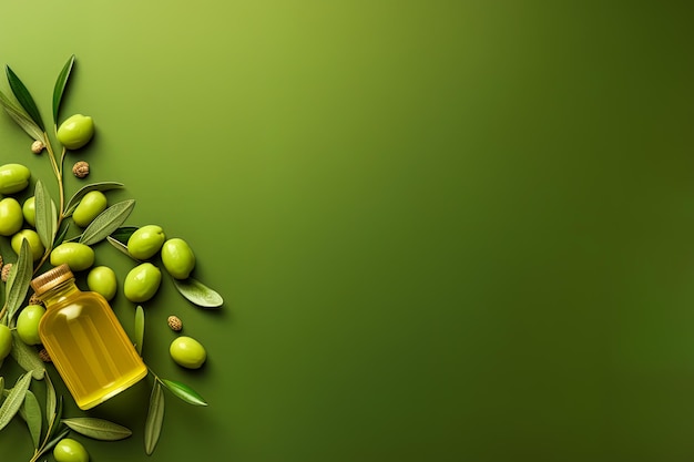 Mock up di olive verdi e olio d'oliva con texture morbide, essenza di bellezza mediterranea
