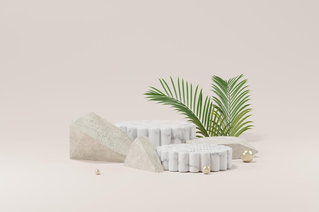 Mock up di pietra e piccola pianta che formano un podio del prodotto Presentazione cosmetica Rendering 3d