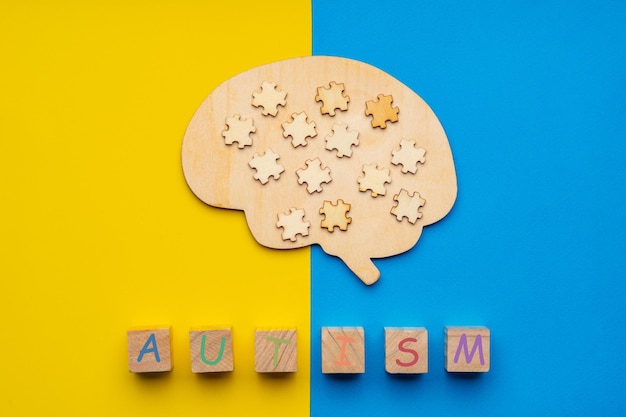 Mock up di un cervello umano con pezzi di puzzle sparsi su uno sfondo giallo e blu. Sei cubi con l'iscrizione autismo.