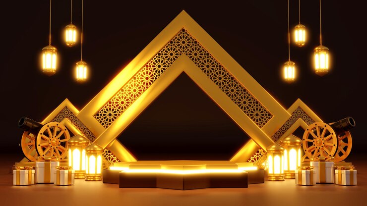 Mock up di visualizzazione del prodotto islamico. Podio, luna crescente, lanterna, confezione regalo. Ramadan, Capodanno islamico. Rendering 3D.
