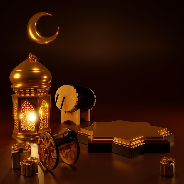 Mock up di visualizzazione del prodotto islamico. Podio, luna crescente, lanterna, confezione regalo. Ramadan, Capodanno islamico. Rendering 3D.