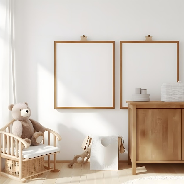 Mock up frame in camera dei bambini con mobili in legno naturale rendering 3D
