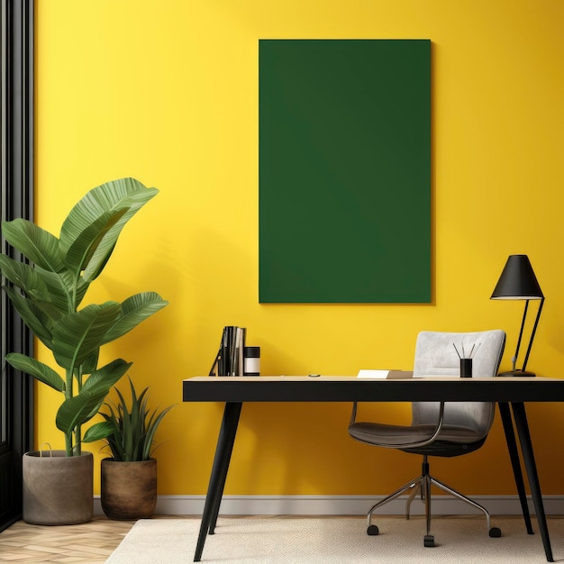 Mock up frame in ufficio in legno nero sfondo interno su parete gialla IA generativa