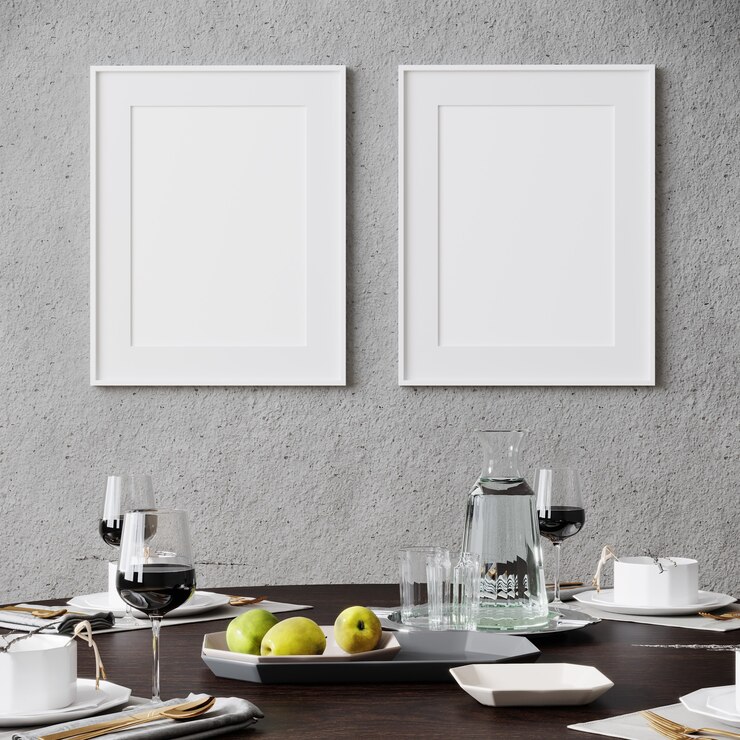 Mock up frame poster in background interni moderni, con tavolo, soggiorno, stile scandinavo, rendering 3D, illustrazione 3D
