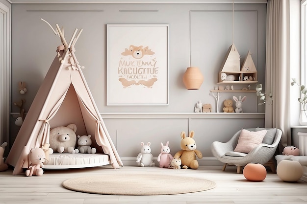 Mock up poster frame in camera da letto per bambini sfondo interno in stile scandinavo rendering 3D illuso 3D