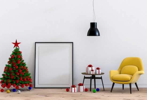 Mock up poster frame Natale soggiorno interno. Rendering 3D