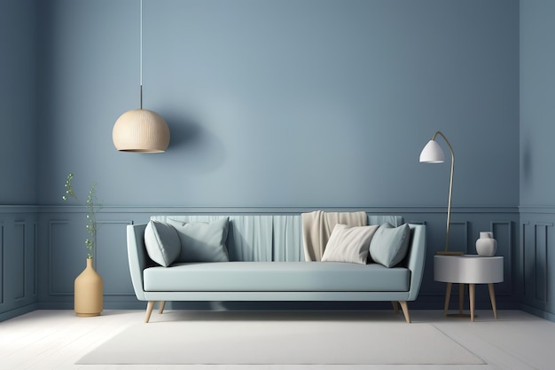 Mock up wall in acciaio blu moderno sfondo interno soggiorno Scandinavian Generative AI