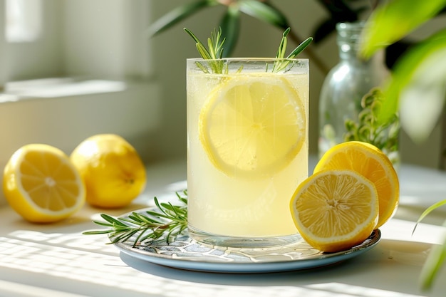 Mocktail di limone e rosmarino congelato in un bicchiere su un tavolo bianco con un piatto blu in close-up