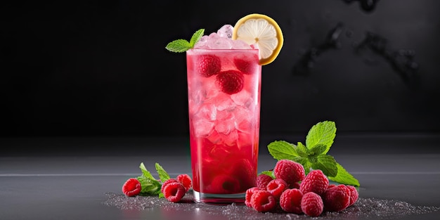 mocktail freddo rinfrescante estivo con frutti di bosco e limonata al limone e lampone in bicchiere alto