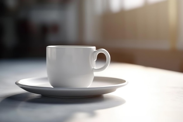Mockup bianco bianco della tazza o della tazza di caffè 3D su un'intelligenza artificiale generativa della tavola di legno