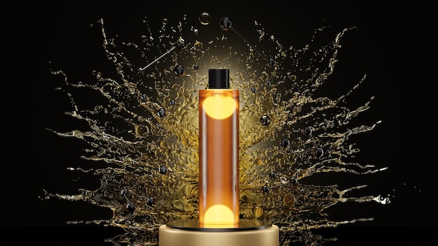 Mockup bottiglia di bellezza olio per il viso su uno sfondo oro bagnato un prodotto organico per la cura della pelle del viso sul podio 3d render