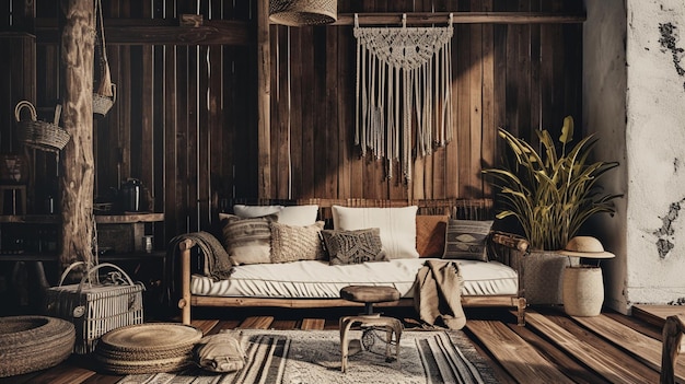 Mockup casa nomade boho sfondo interno con arredamento rustico Ai generativo