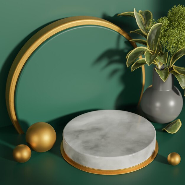 Mockup circle marmo e oro podio per la presentazione del prodotto podio con sfondo verde mattina light3d modello e illustrazione