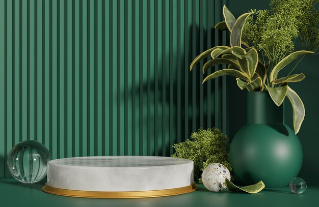 Mockup circle marmo e oro podio per la presentazione del prodotto podio con sfondo verde mattina light3d modello e illustrazione