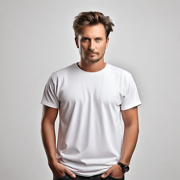 Mockup classico di blank white tee su sfondo bianco