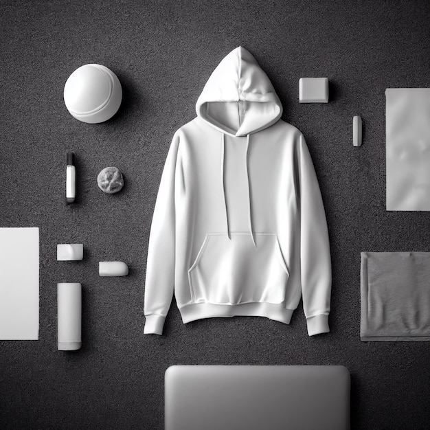 Mockup con cappuccio bianco per giovani e oggetti su sfondo scuro vista dall'alto Abiti caldi con spazio vuoto per la pubblicità del rendering 3d