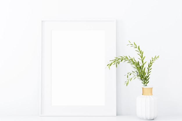 Mockup con cornice su sfondo bianco con fiore