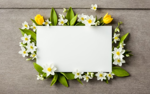 Mockup con foglio di carta vuoto e piccoli fiori bianchi su sfondo beige pastello Modello di marchio aziendale minimo Vista superiore piatta