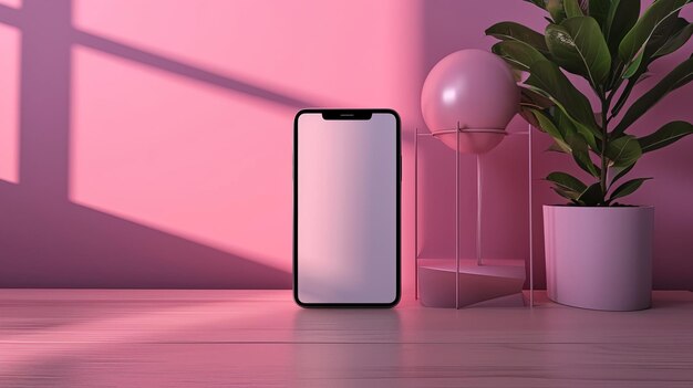 mockup con uno smartphone vuoto posizionato in orientamento a vista anteriore su una scrivania di legno pulita