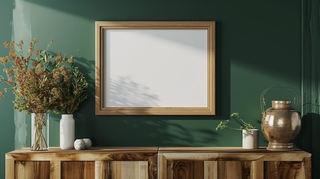 Mockup cornice fotografica parete verde scuro montata sull'armadio di legno interno della fattoria Generative Ai