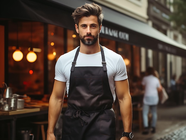 Mockup creativo di un Chef Apron Street Scene Concept catturato con un design di collezione uniforme