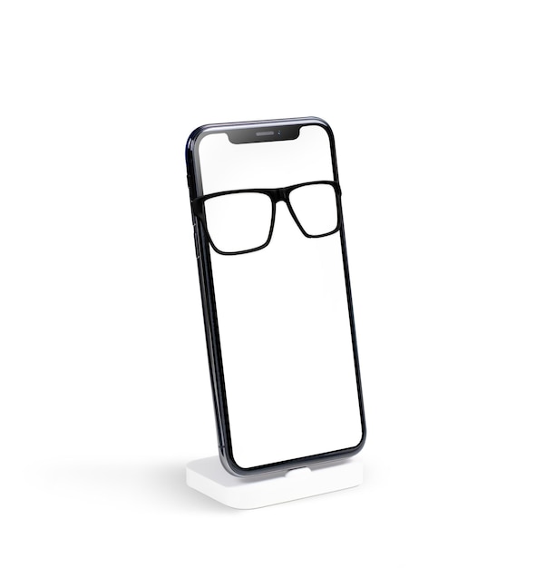 Mockup del dispositivo smartphone con occhiali che disegnano sullo schermo isolato su sfondo bianco